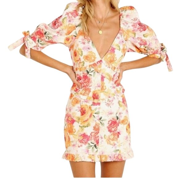 For Love & Lemons Julep Mini Dress Linen Blend Floral Deep V Size M - Picture 5 of 12